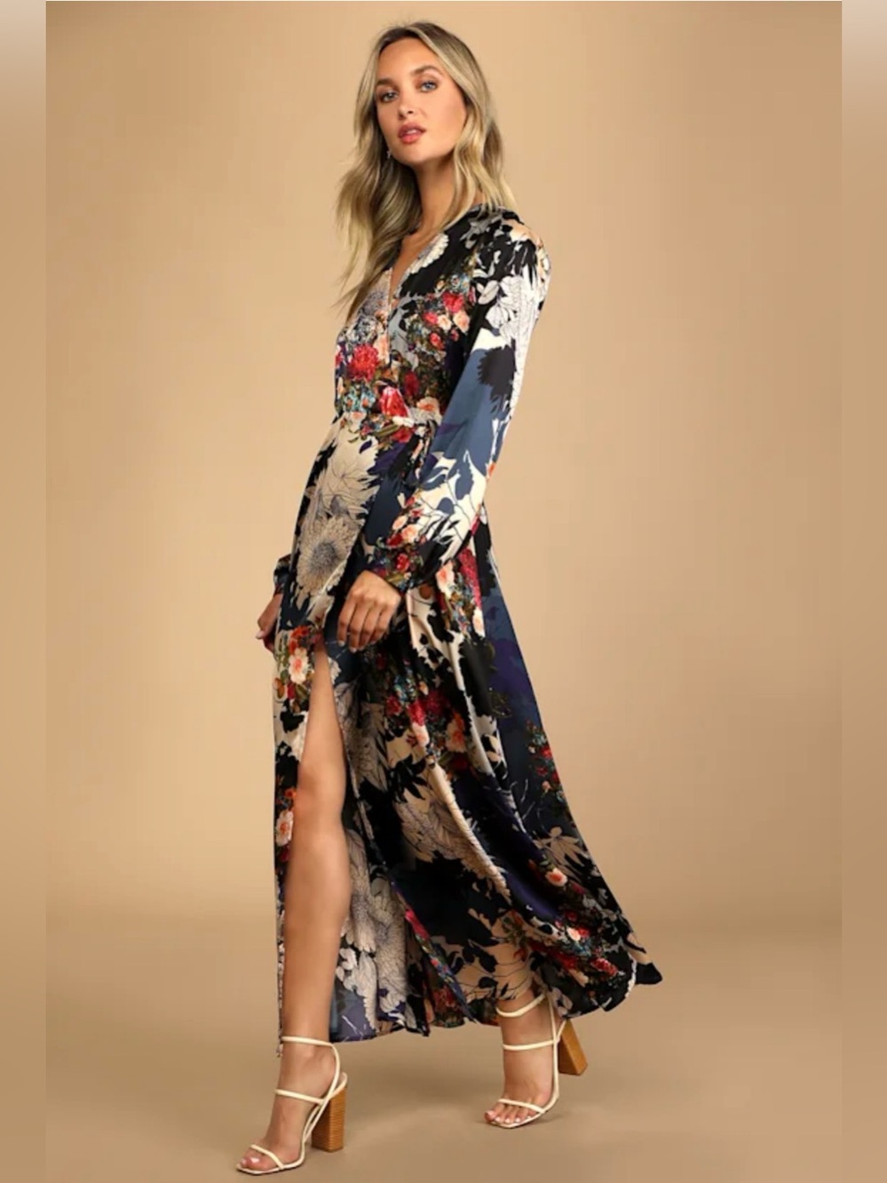 NWT Lulus Satin Wrap Maxi Dress | Navy Floral Print | Size S